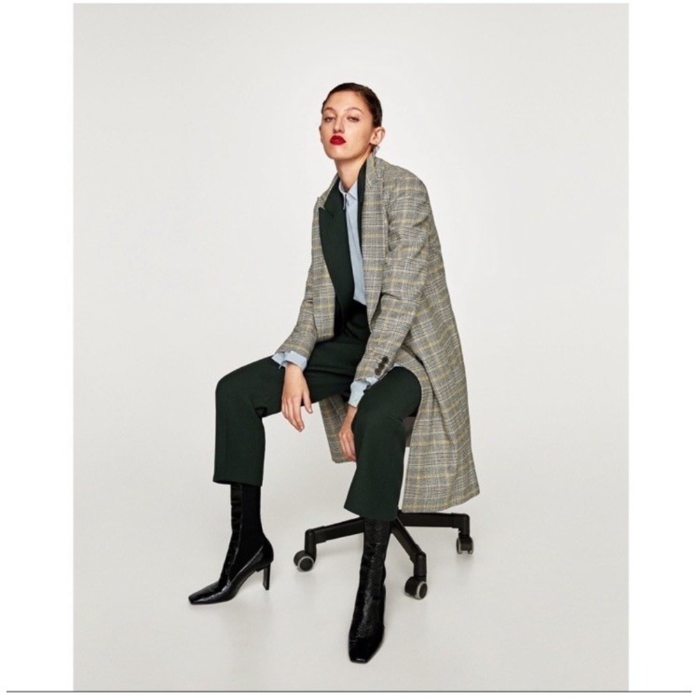 Zara Yellow grey check Checked Double Breasted Mid Length coat Size M - Picture 12 of 16